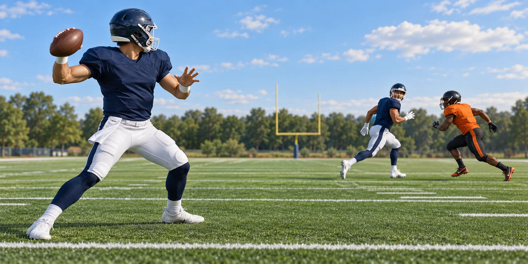 Quarterback preparando um passe enquanto um recebedor é acompanhado pela defesa
