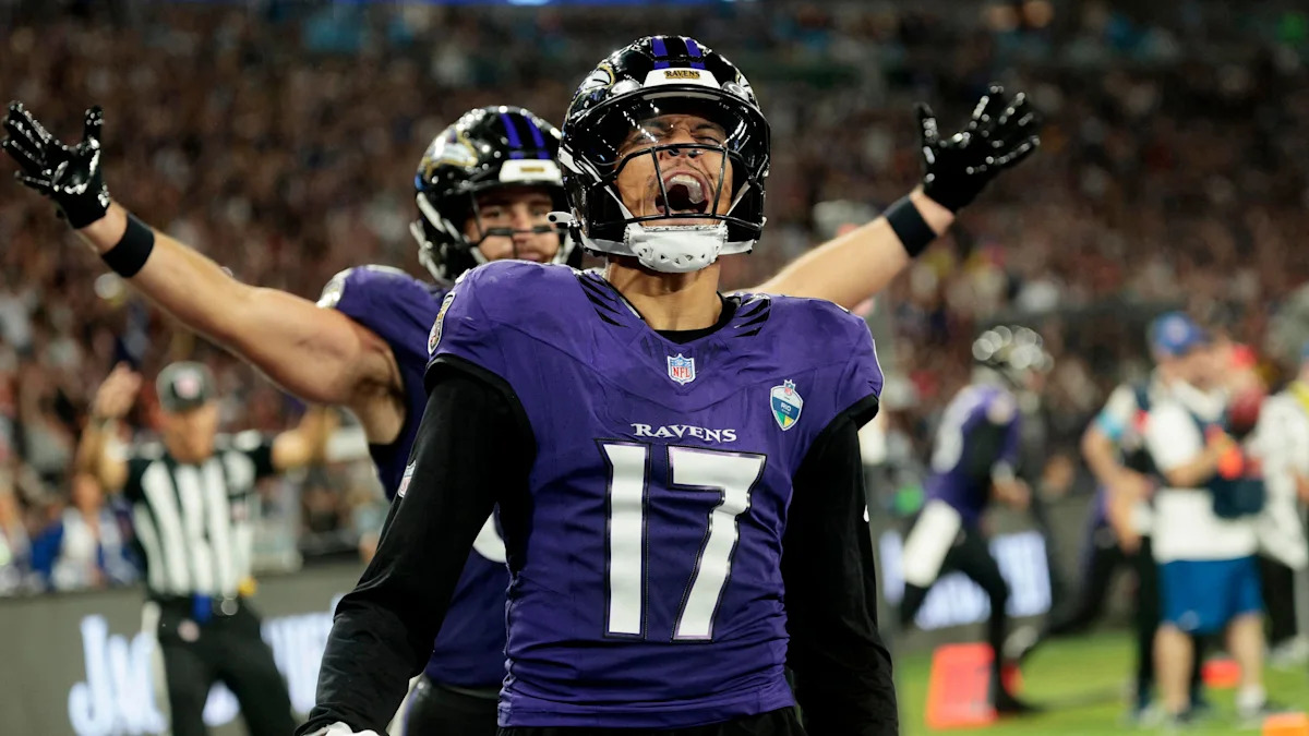 Chris Moore comemora touchdown dos Ravens no Maracanã, em setembro de 2026.
