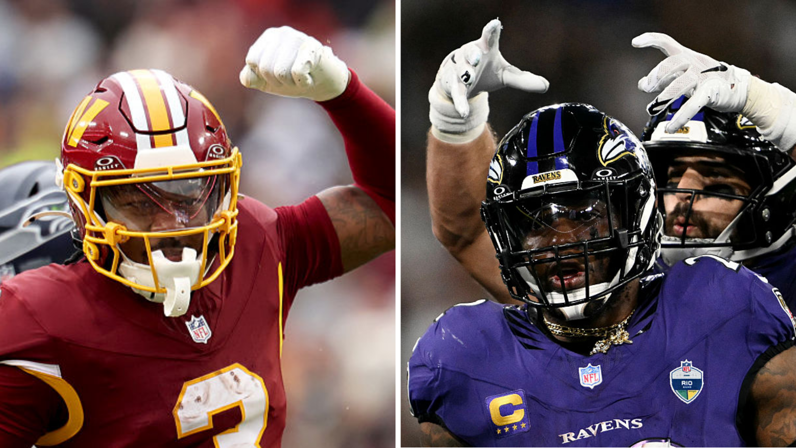 Stefon Diggs, dos Commanders, e Derrick Henry, dos Ravens, em momentos de comemoração