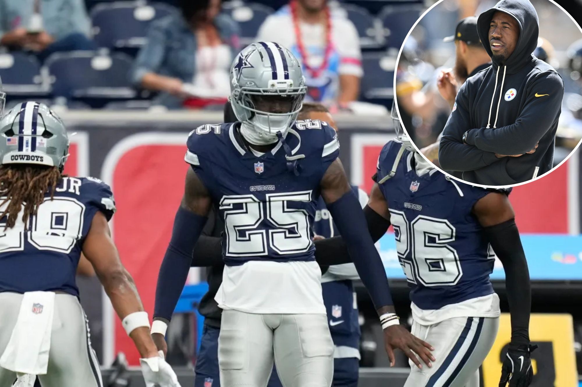 Montagem com Joey Porter Jr. antes do jogo dos Cowboys contra os Texans e durante seu período nos Steelers.
