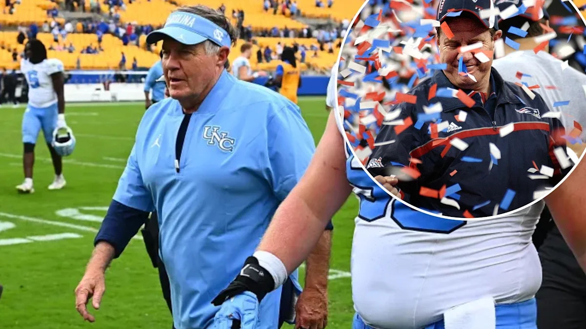 Montagem de Bill Belichick em North Carolina e na comemoração do Super Bowl XXXVI pelos Patriots.