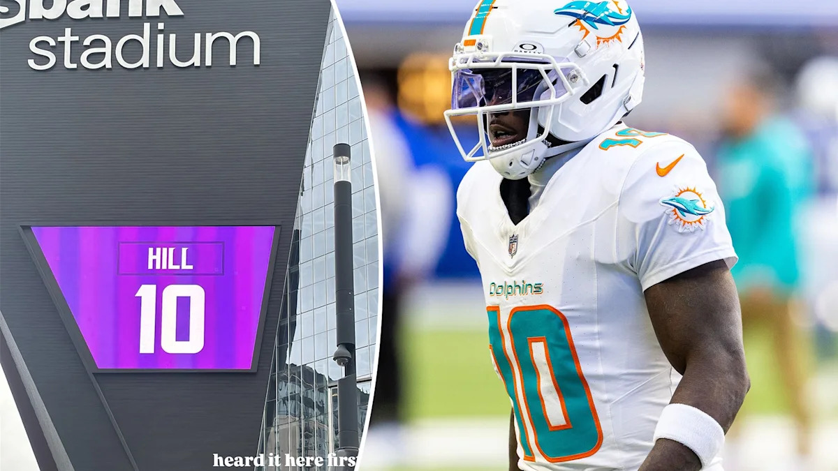 Montagem de Tyreek Hill e do painel que homenageou o funcionário Byren Hill no U.S. Bank Stadium.