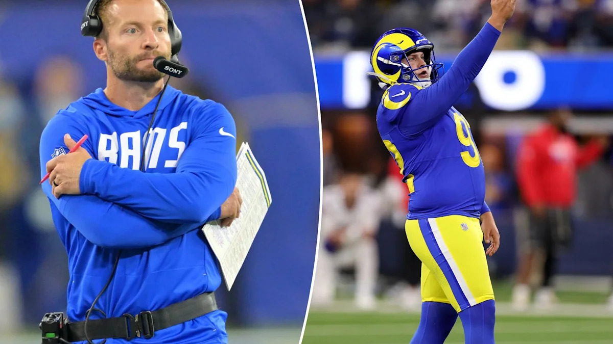 Sean McVay e Harrison Mevis em montagem sobre a troca de kicker dos Rams.
