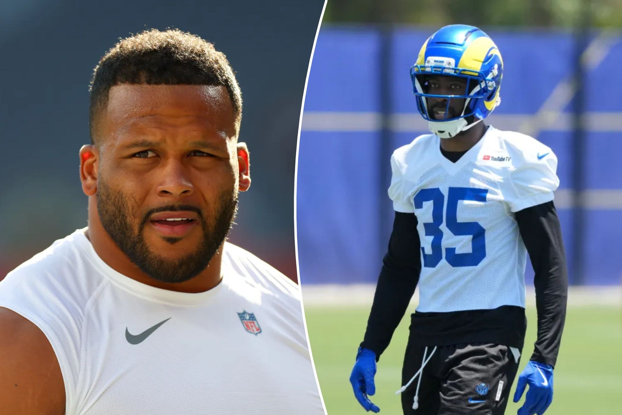 Montagem com Aaron Donald e Jaylen Watson, do Los Angeles Rams.