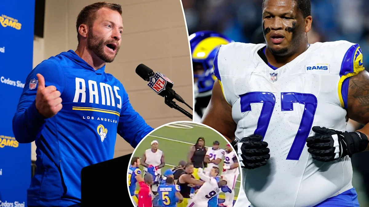 Sean McVay, Alaric Jackson e o lance com Bradley Chubb em montagem.