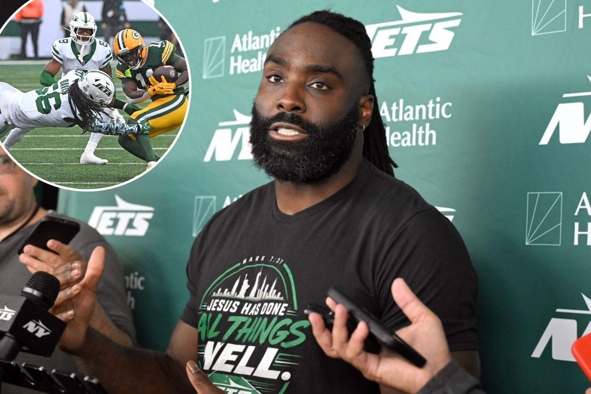Demario Davis conversa com a imprensa no treino dos Jets em Florham Park, em 8 de outubro de 2026.