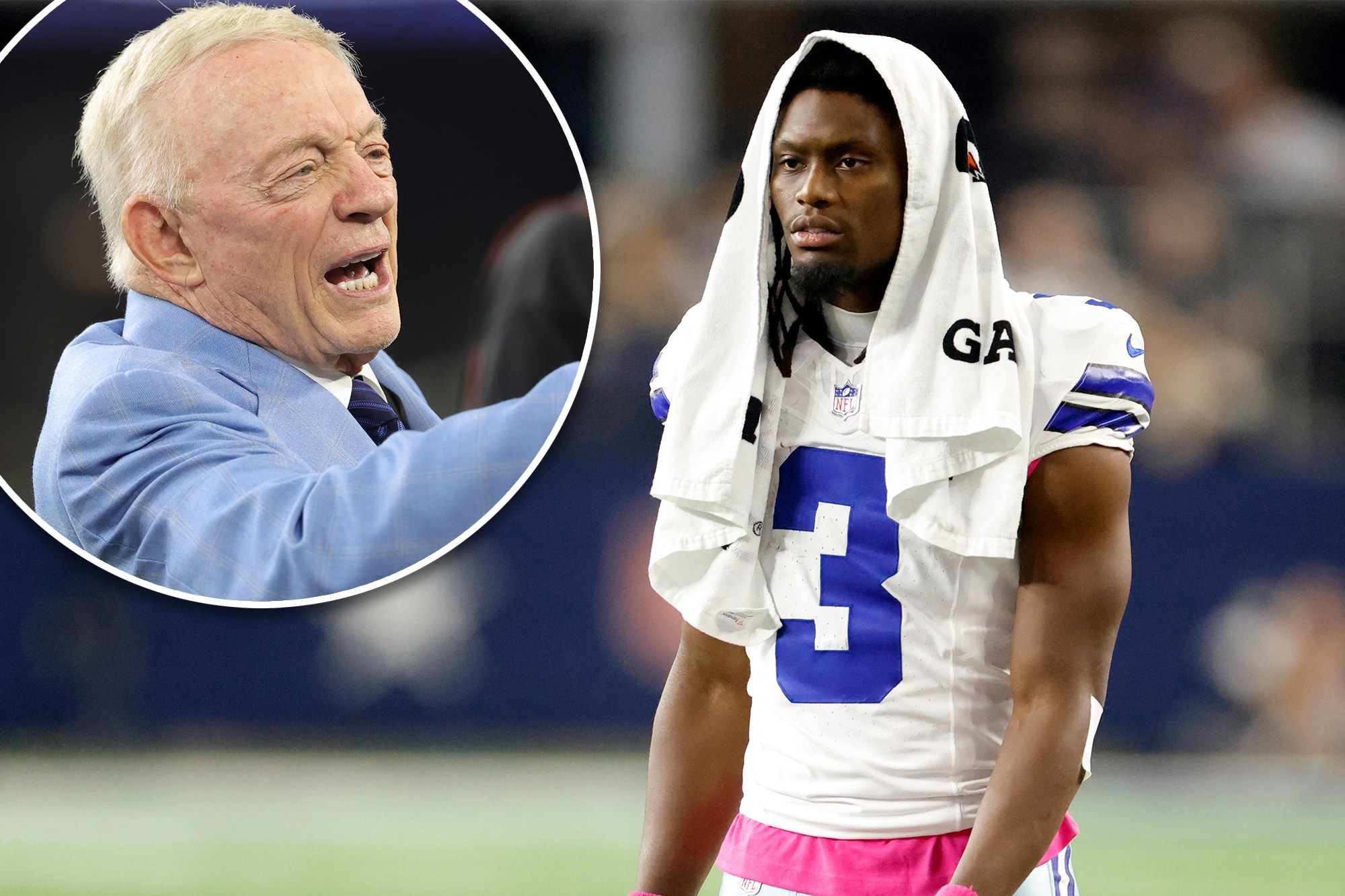 Montagem com Jerry Jones e George Pickens, do Dallas Cowboys.