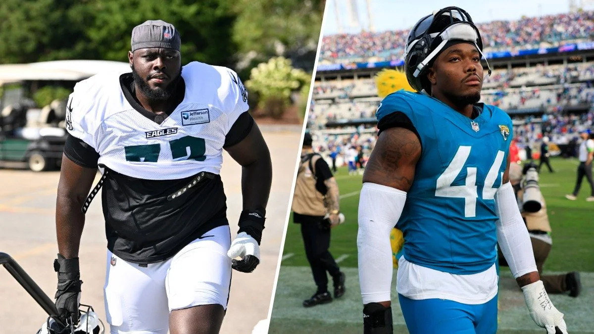 Montagem com um jogador da linha ofensiva dos Eagles e Travon Walker, dos Jaguars.
