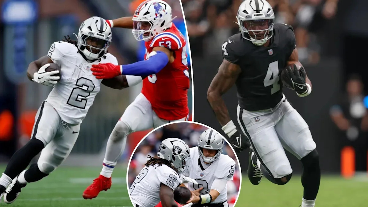 Montagem com Ashton Jeanty e Mike Washington Jr., running backs do Las Vegas Raiders.