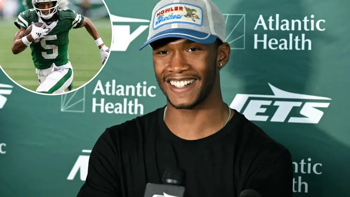 Montagem com Garrett Wilson em entrevista e em ação pelo New York Jets.
