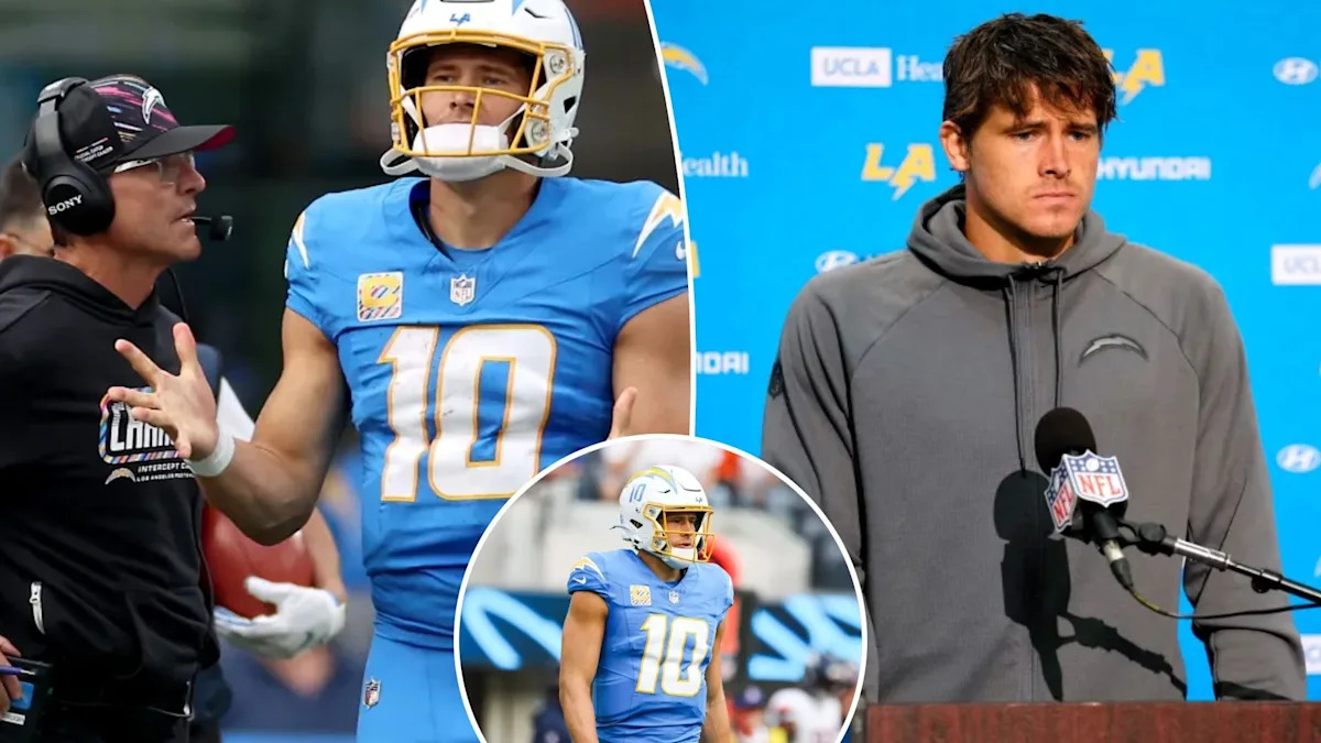Montagem com Justin Herbert em campo e em entrevista pelo Los Angeles Chargers.