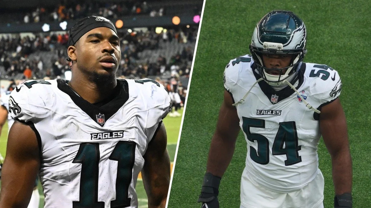 Montagem com Jihaad Campbell e Jeremiah Trotter Jr. com uniforme dos Eagles.