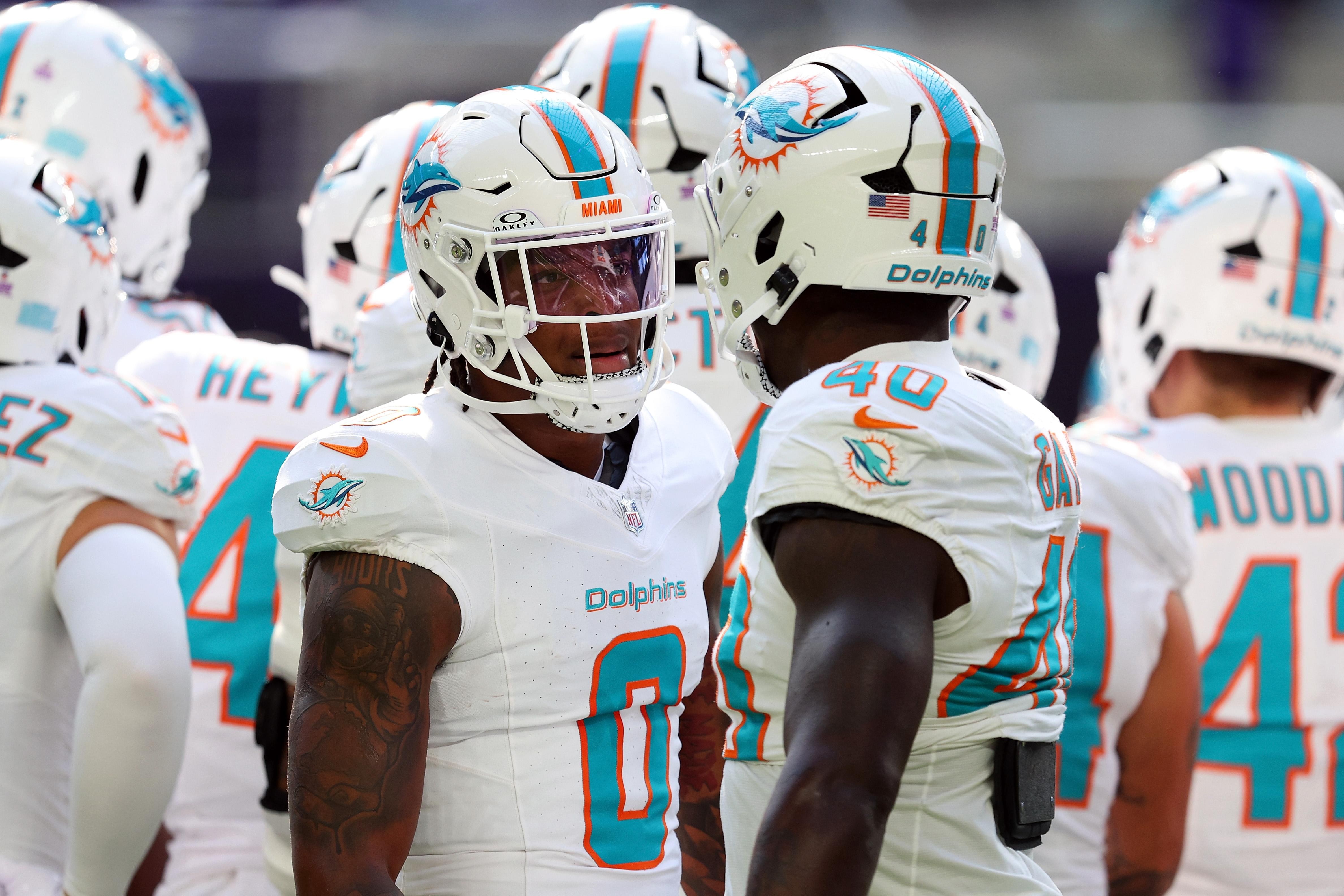 Jogadores dos Dolphins reunidos em campo.