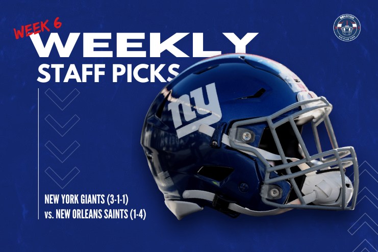 Arte de divulgação dos palpites do Big Blue View para Giants contra Saints na Semana 6.