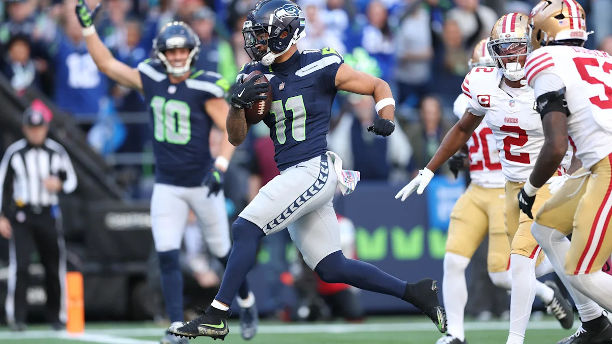 Jaxon Smith-Njigba marca touchdown dos Seahawks contra os 49ers em 11 de outubro de 2026.