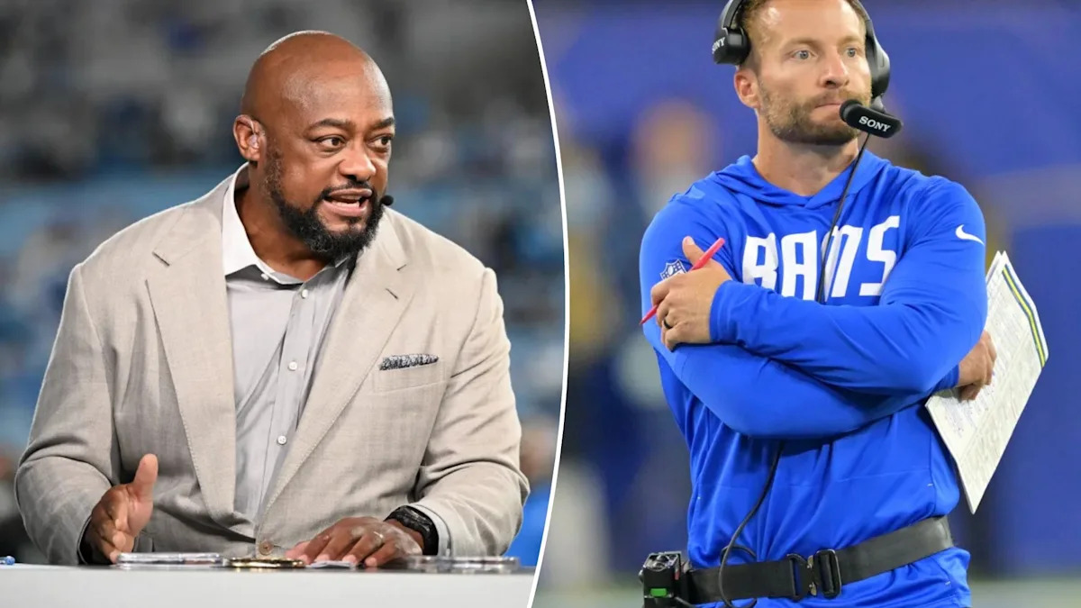 Montagem com Mike Tomlin na bancada de TV e Sean McVay no comando dos Rams; imagens de outubro de 2026.