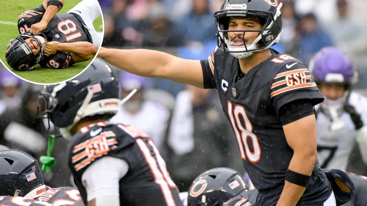 Montagem mostra Caleb Williams em ação e após sentir dores durante Bears x Vikings.