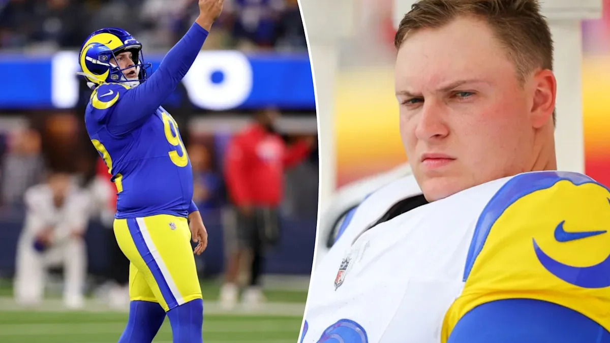 Montagem mostra um jogador dos Rams e o kicker Harrison Mevis no banco durante a preparação de um jogo.