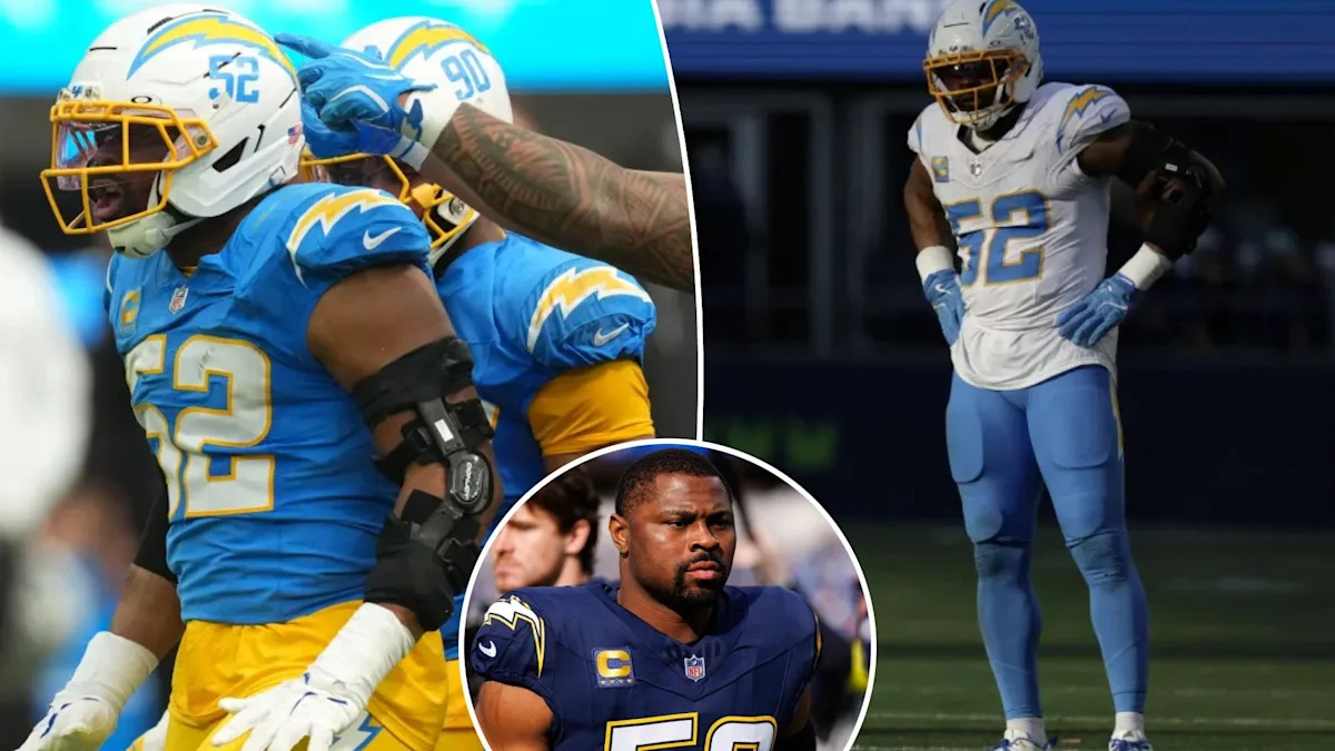 Montagem reúne Khalil Mack e Tuli Tuipulotu com o uniforme dos Chargers.