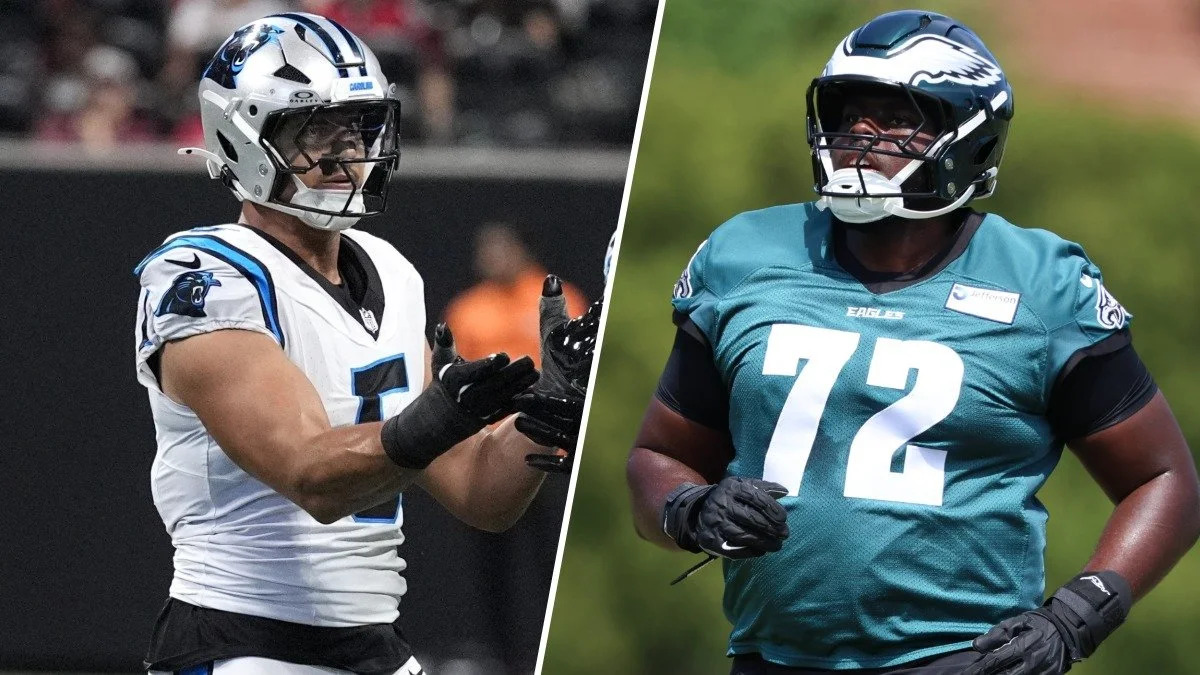 Montagem mostra Tetairoa McMillan, dos Panthers, e um jogador da linha dos Eagles.