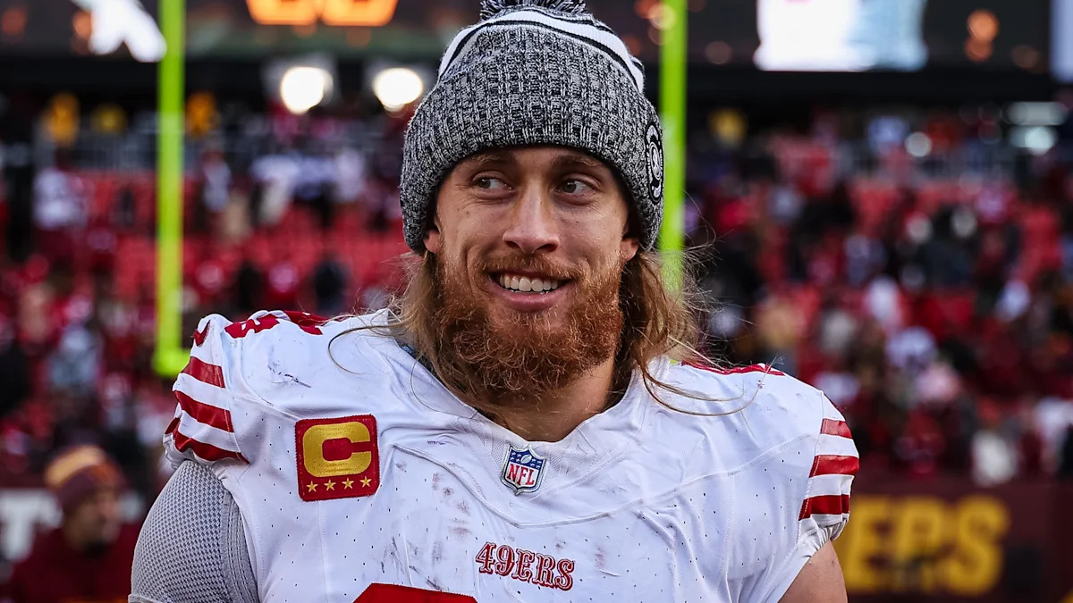 George Kittle após 49ers x Commanders em 31 de dezembro de 2023; imagem de arquivo.