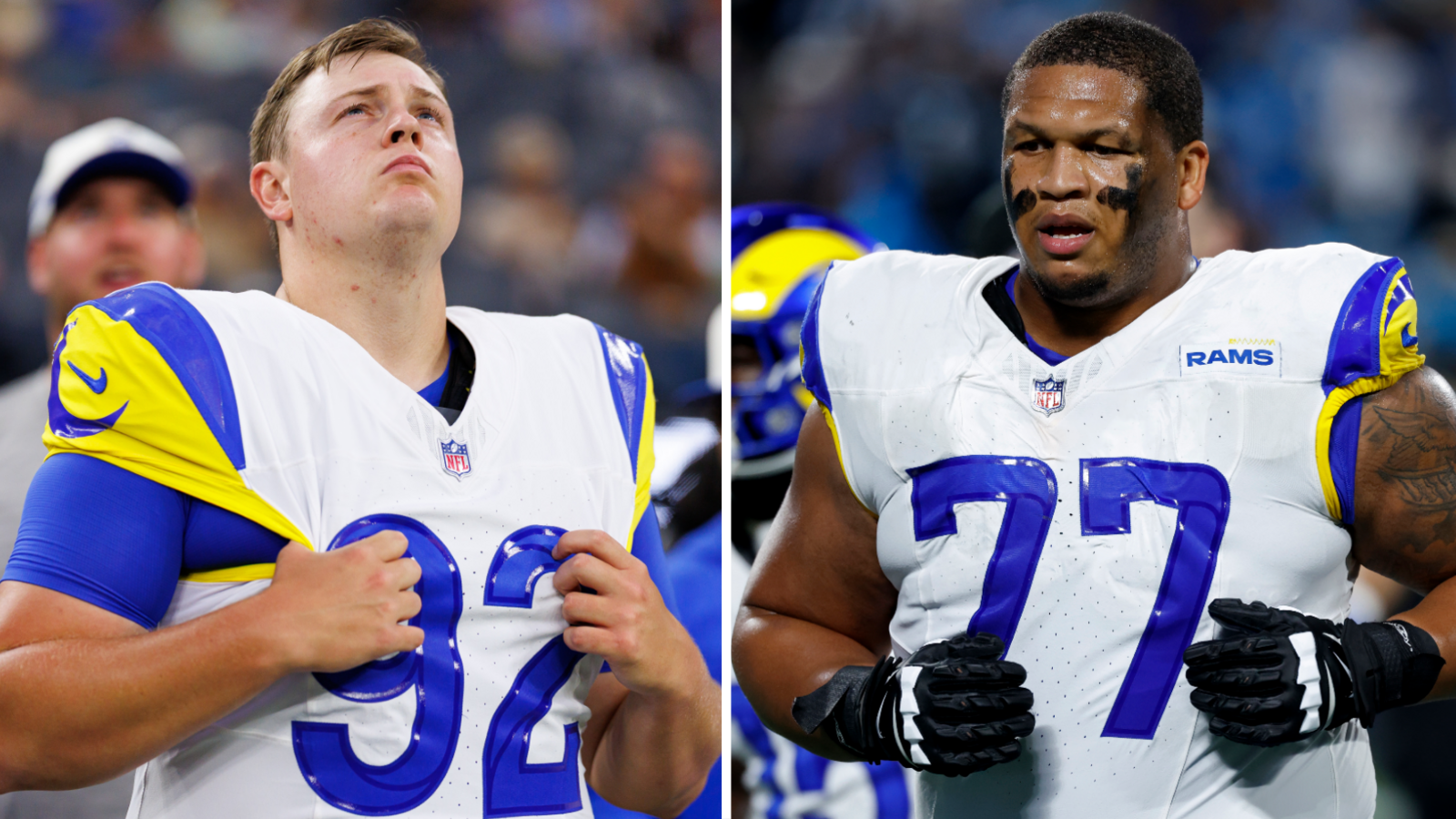 Harrison Mevis (à esquerda) e Alaric Jackson (à direita) chegaram aos Rams em 2025 e 2021, respectivamente.