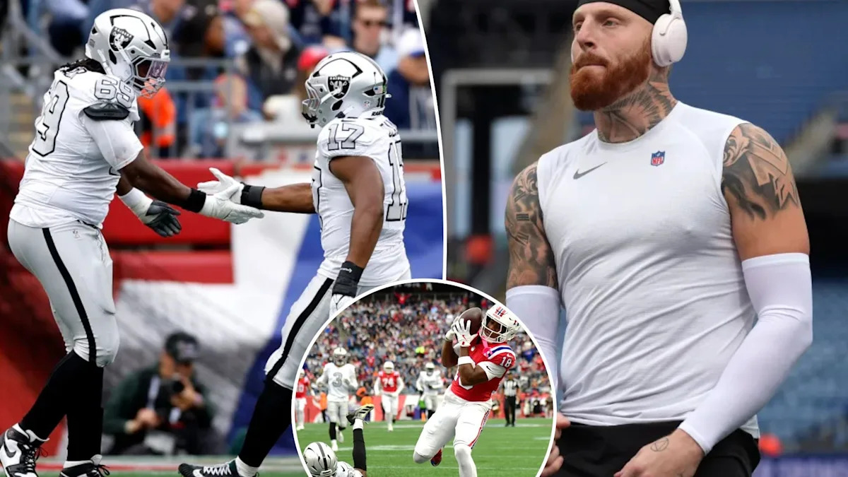 Defensores dos Raiders em campo; montagem destaca o confronto com o ataque comandado por Josh Allen.