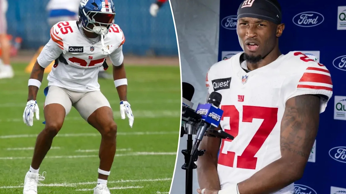 Montagem reúne Jason Pinnock em campo e Tyler Nubin durante entrevista dos Giants.