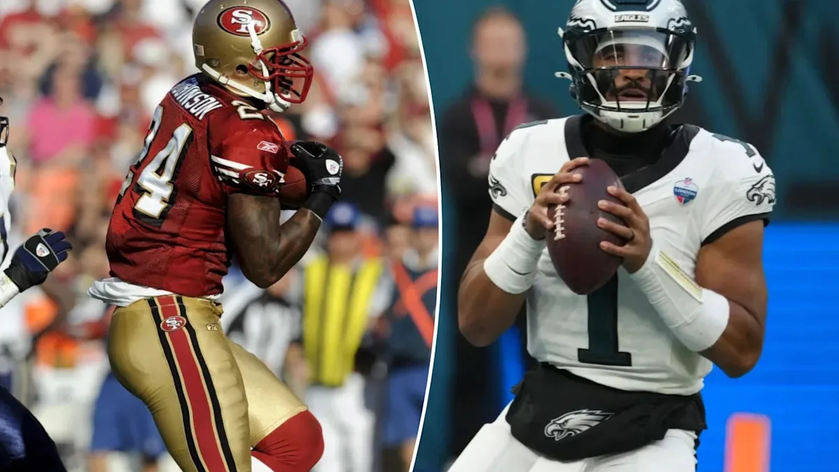 Montagem reúne Michael Robinson em sua época de jogador e Jalen Hurts com uniforme dos Eagles.