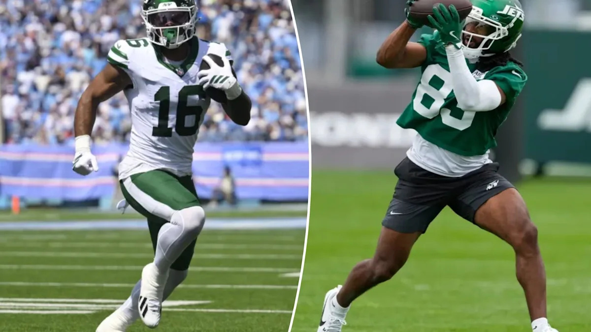 Montagem reúne Kenyon Sadiq em campo e Omar Cooper Jr. em um treino dos Jets.