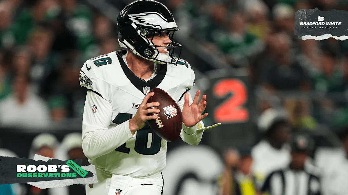 Tanner McKee se prepara para lançar pelos Eagles em imagem da coluna de observações da semana.