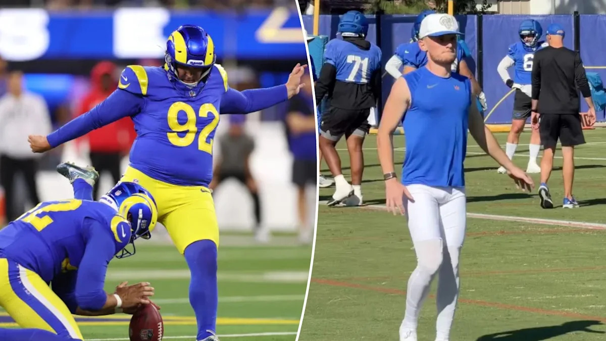 Montagem mostra Harrison Mevis em uma tentativa de field goal e Blake Grupe no treino dos Rams.