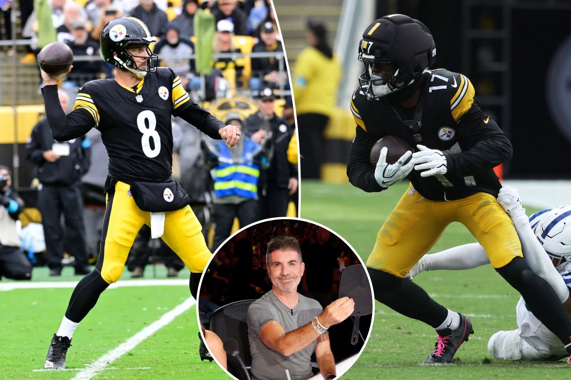 Colagem com Aaron Rodgers lançando a bola, Germie Bernard correndo após uma recepção e Simon Cowell em programa de talentos.