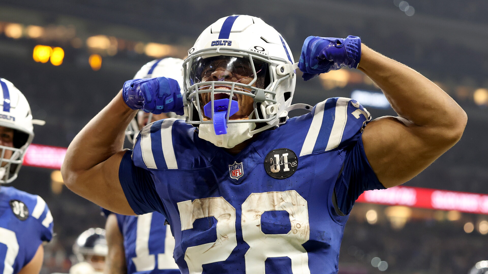 Jonathan Taylor comemora touchdown pelo Indianapolis Colts. Foto de arquivo.