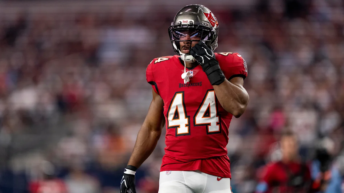 Sean Tucker, camisa 44 do Tampa Bay Buccaneers, em ação. Foto de arquivo.