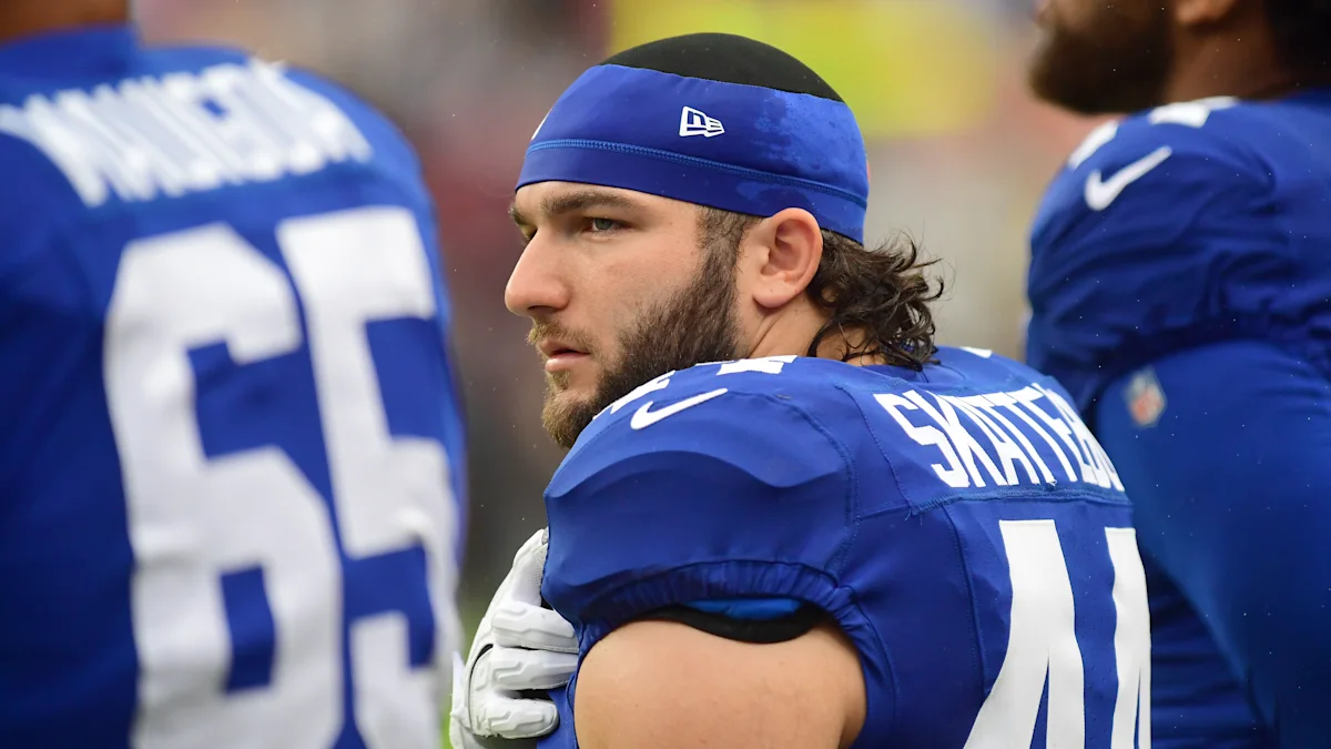 Cam Skattebo, do New York Giants, antes do jogo contra o Washington Commanders em outubro de 2026.
