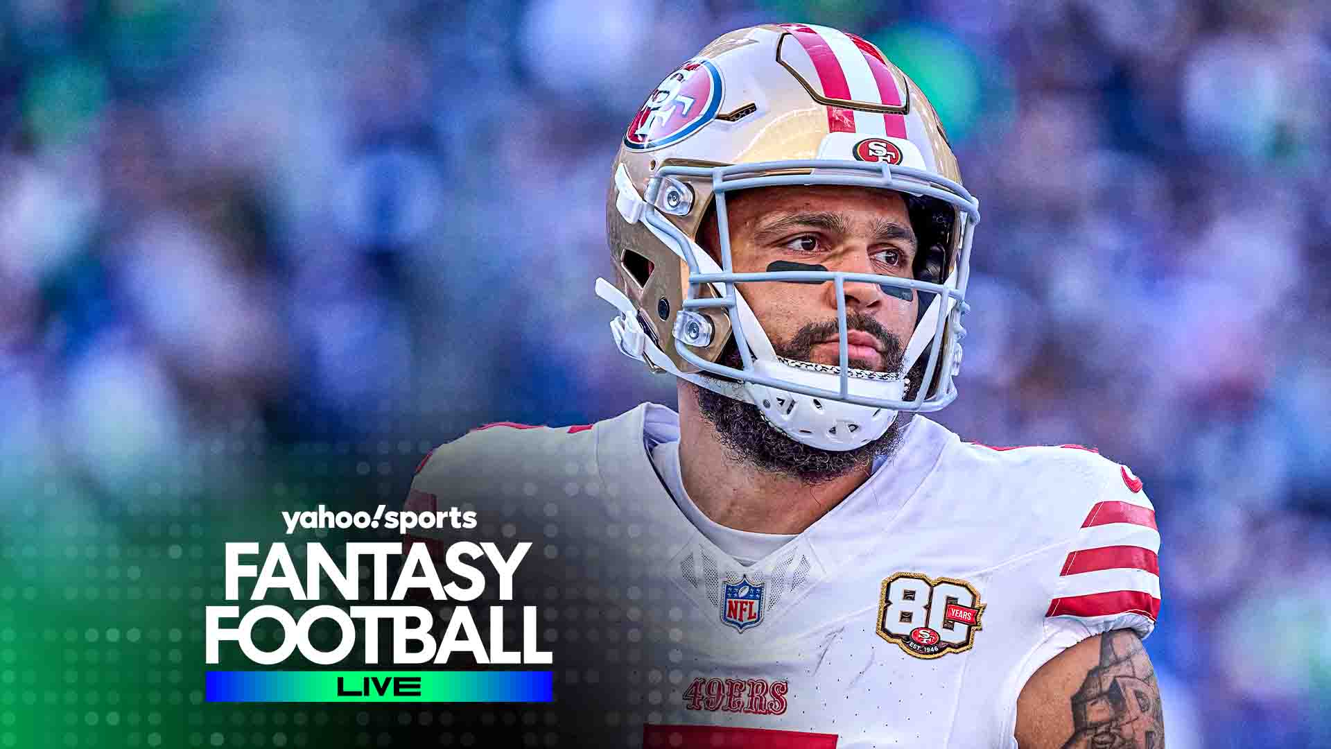 Arte de divulgação de fantasy football com um jogador do San Francisco 49ers.