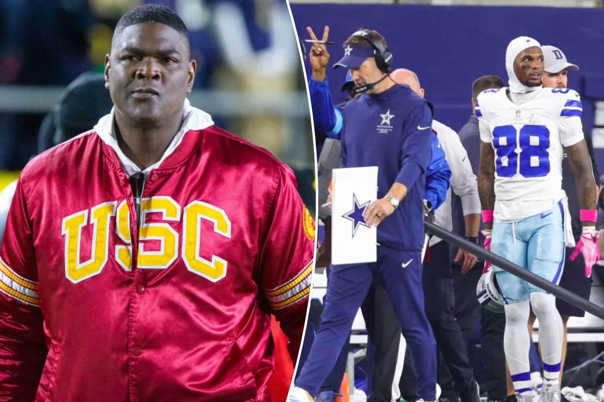 Montagem com Keyshawn Johnson e CeeDee Lamb na lateral do campo durante Cowboys x Buccaneers.