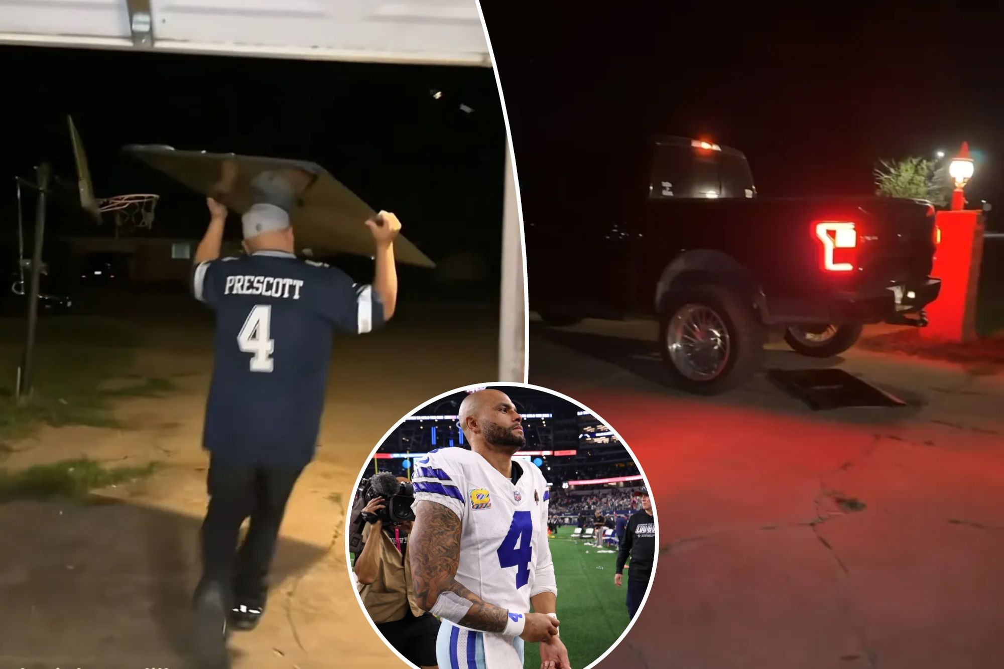 Montagem do vídeo em que um torcedor dos Cowboys leva a TV para fora de casa e passa sobre ela com uma picape, ao lado de Dak Prescott.