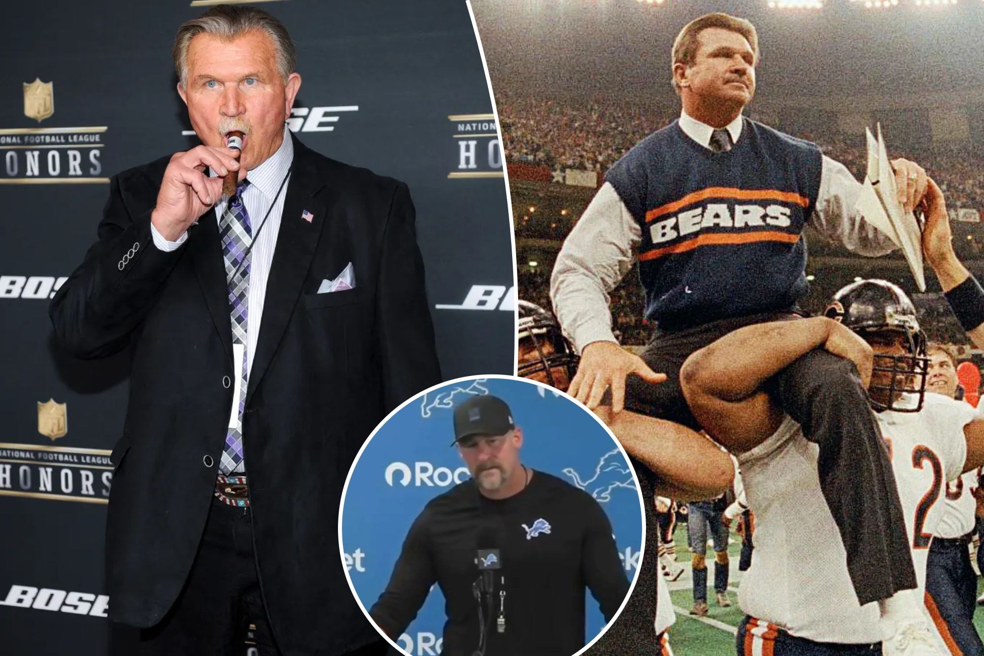 Montagem com Mike Ditka e Dan Campbell, técnico dos Lions.