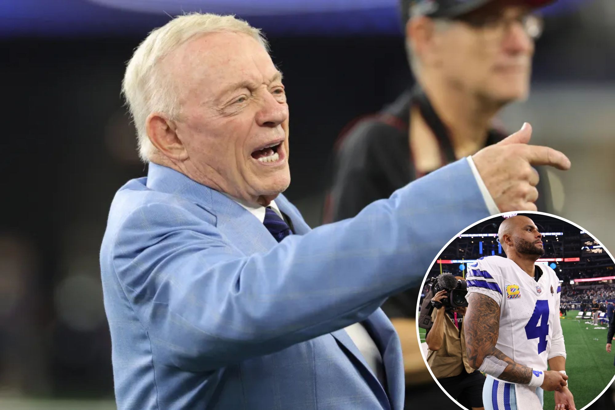 Montagem com Jerry Jones e Dak Prescott, dos Cowboys.