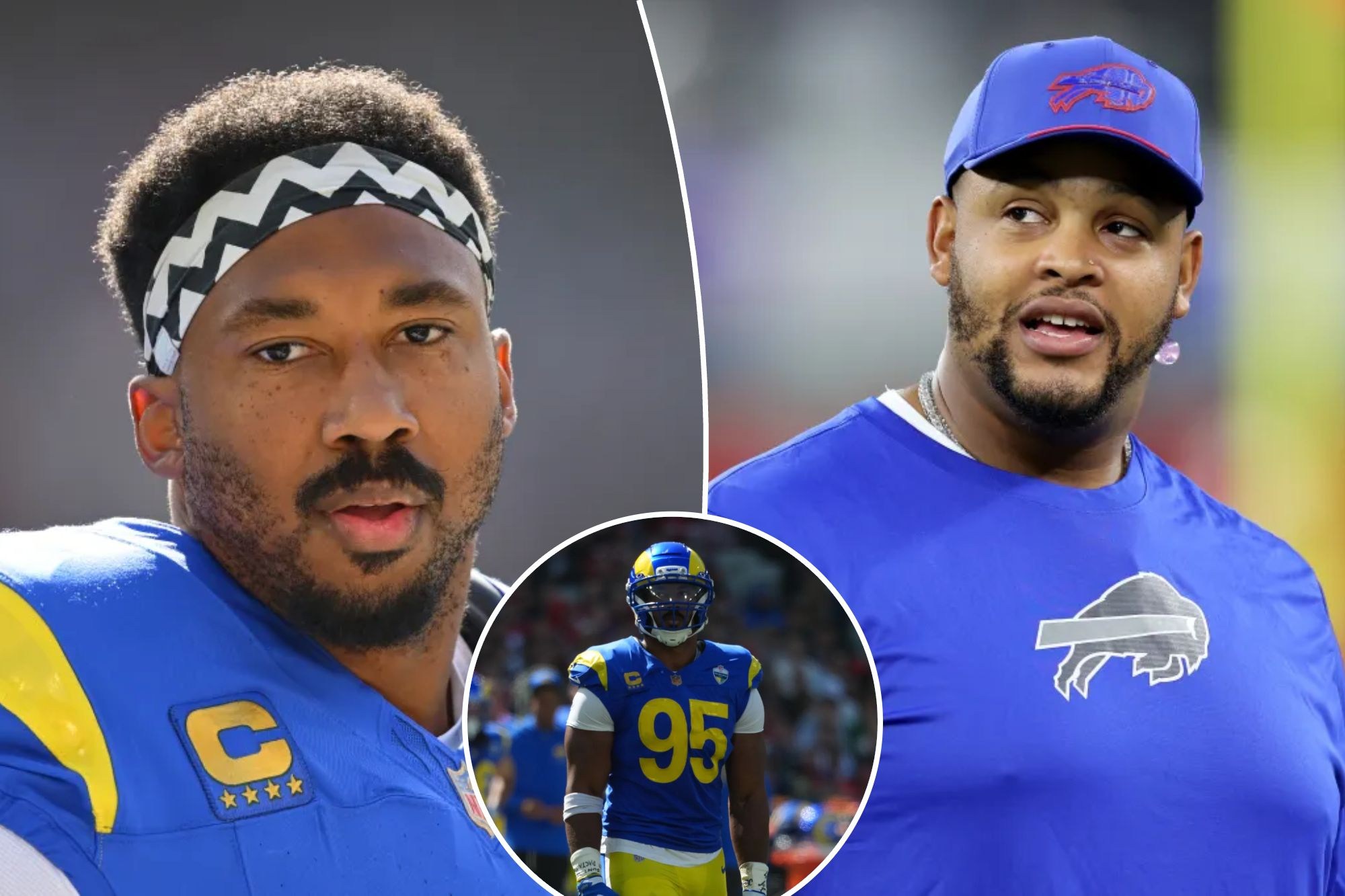 Montagem com Myles Garrett, dos Rams, e Dion Dawkins, dos Bills.