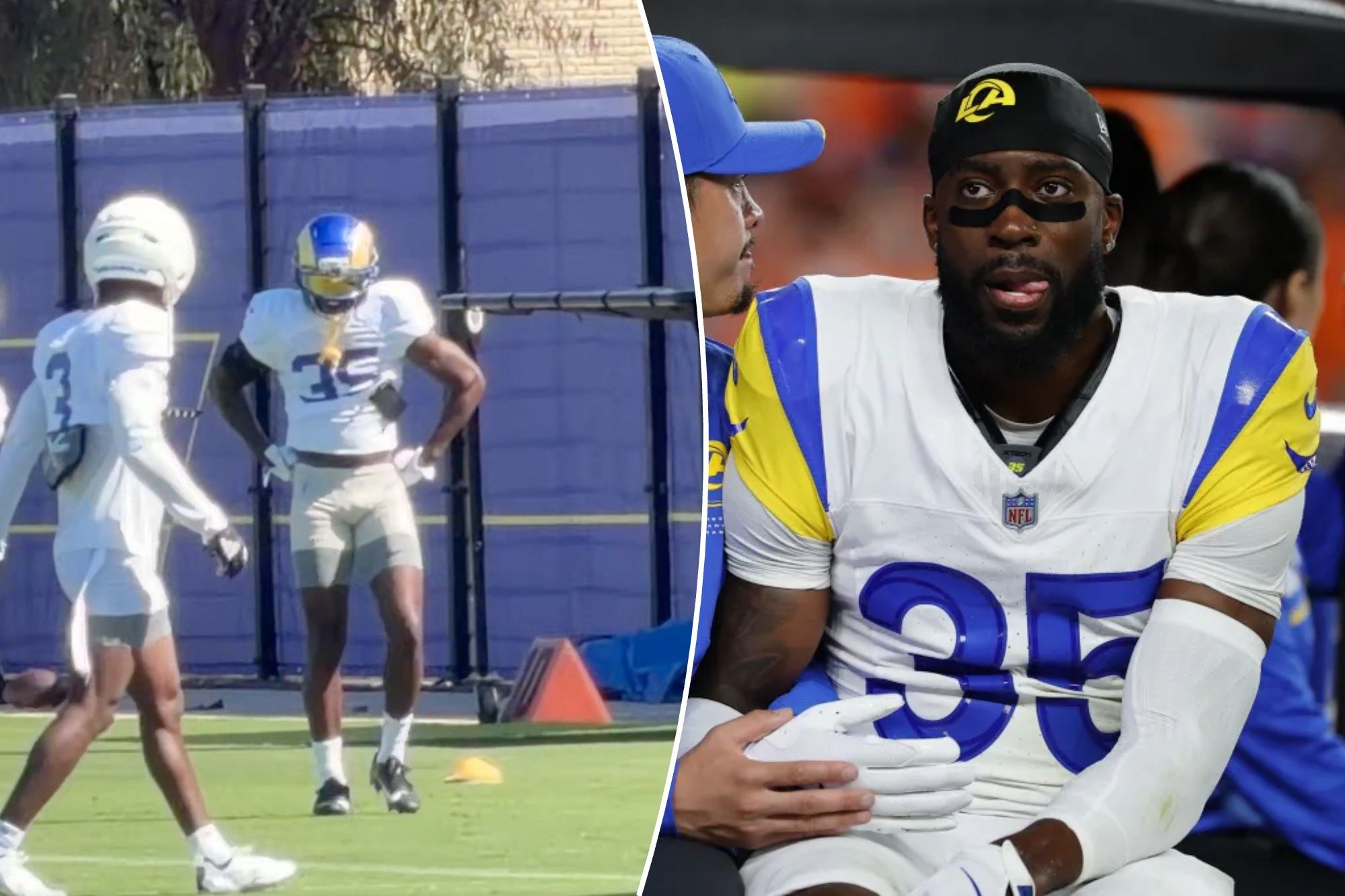 Montagem de treino dos Rams e Jaylen Watson recebendo atendimento após se lesionar contra Denver.