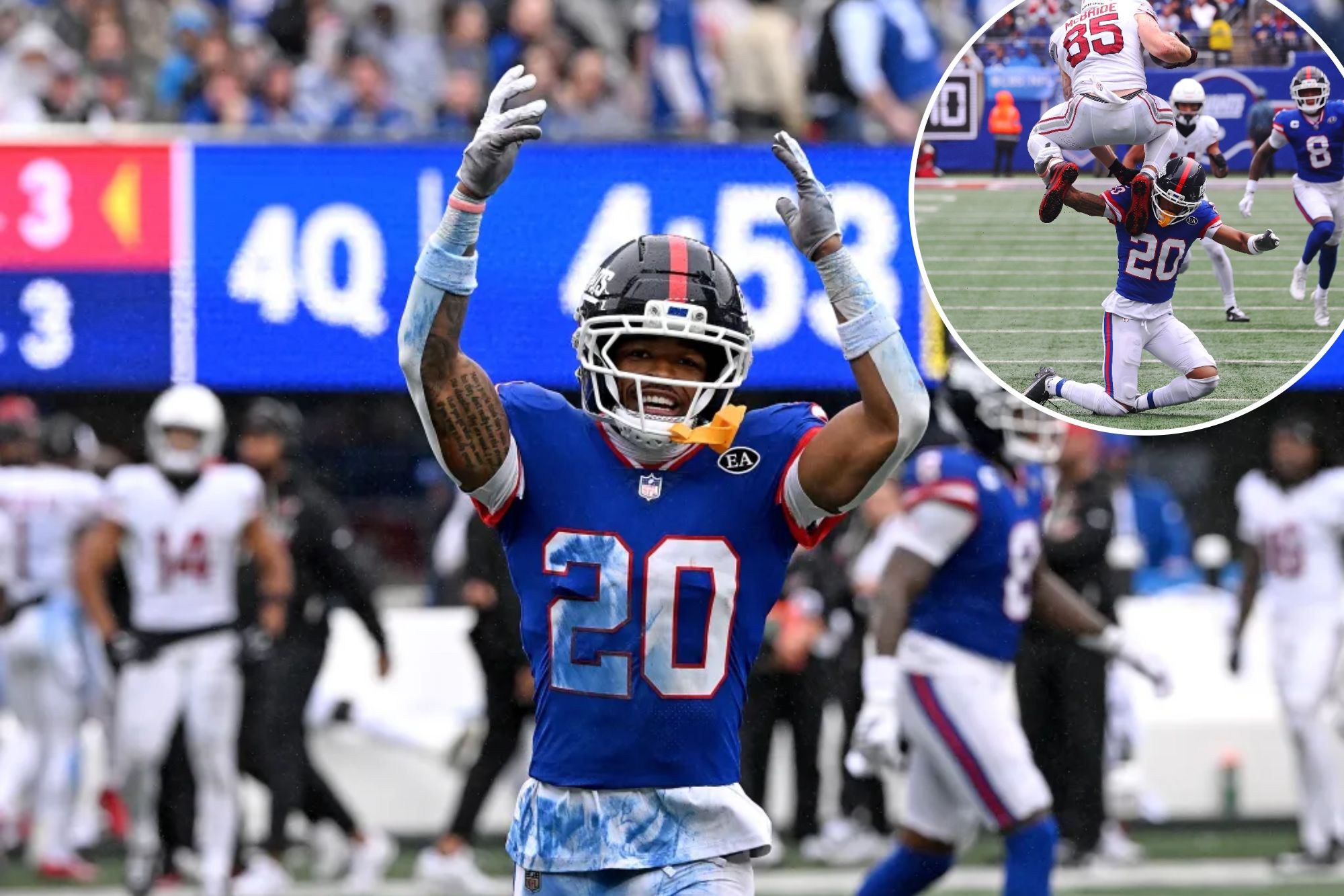 Greg Newsome II comemora pelos Giants durante o jogo contra os Cardinals; ao lado, disputa uma jogada com Trey McBride.