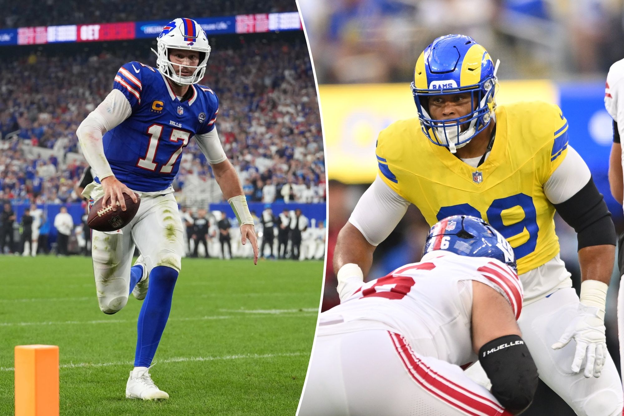 Montagem com Josh Allen, dos Bills, e Aaron Donald, dos Rams.