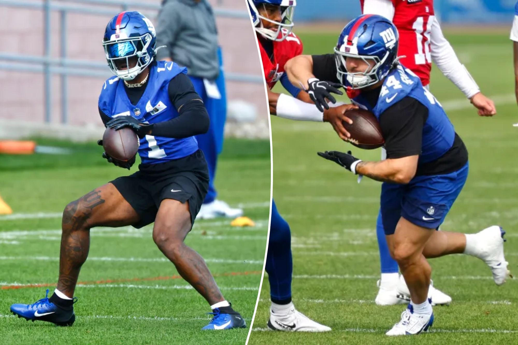 Montagem com Malik Nabers no treino dos Giants e Jameis Winston entregando a bola a Cam Skattebo.