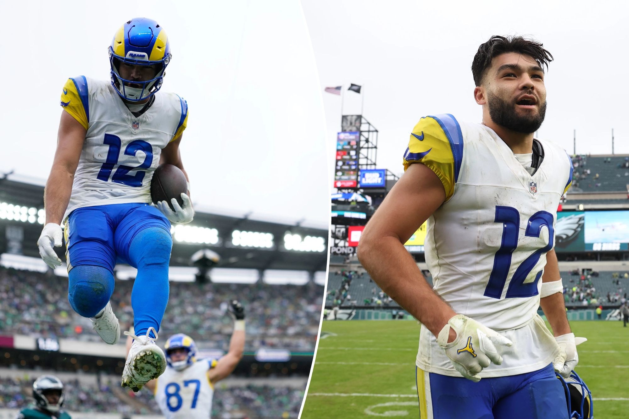 Montagem com Puka Nacua comemorando um touchdown e deixando o campo após a vitória dos Rams sobre os Eagles.