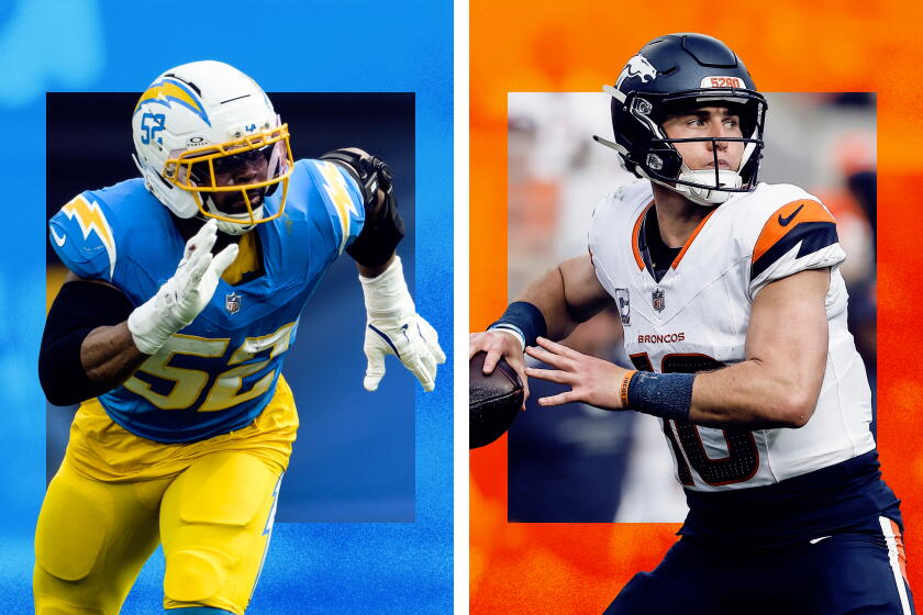 Montagem com um defensor dos Chargers e o quarterback Bo Nix, dos Broncos.