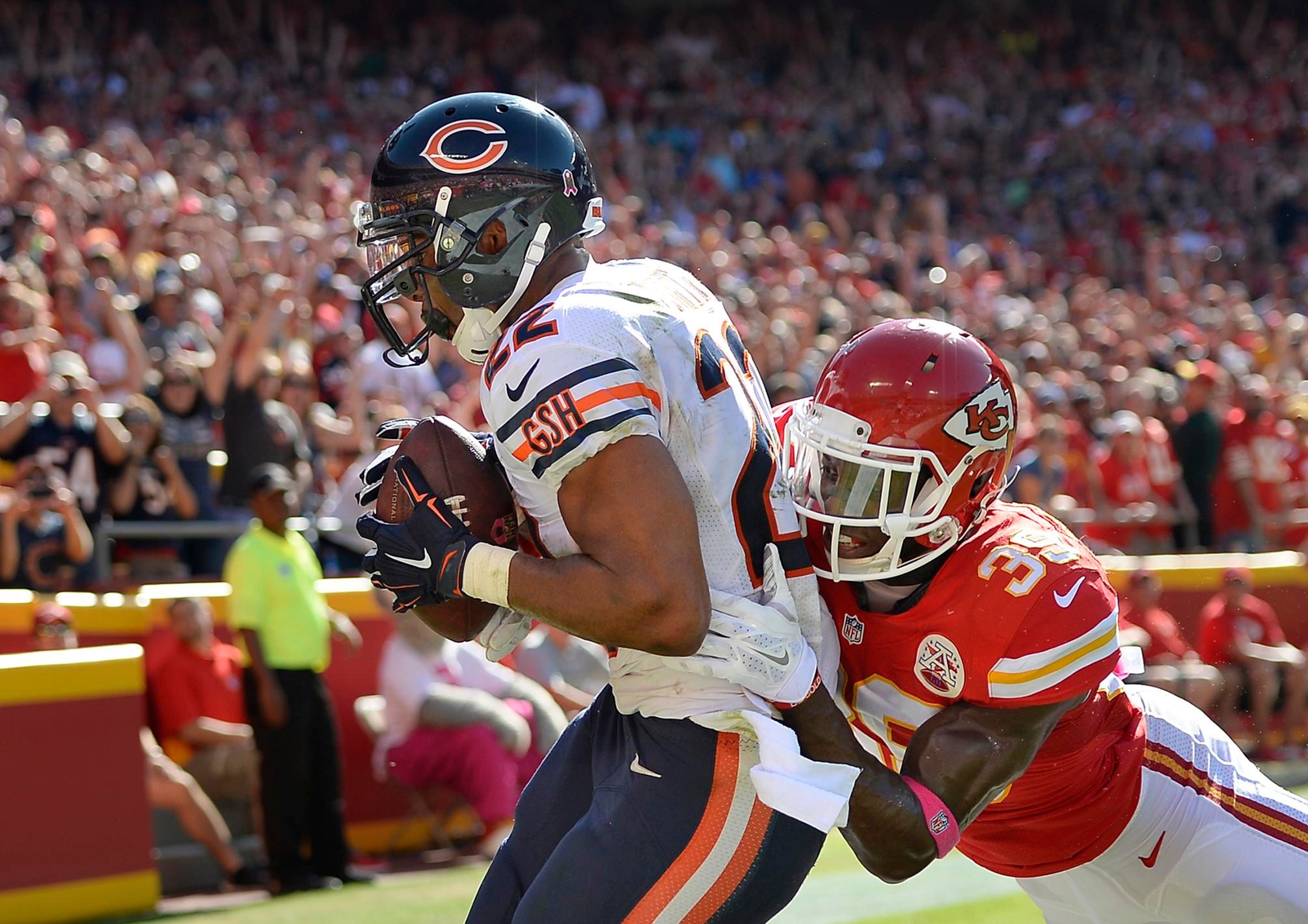 Jay Cutler e Matt Forte durante Bears x Chiefs, em Kansas City, em 11 de outubro de 2015.