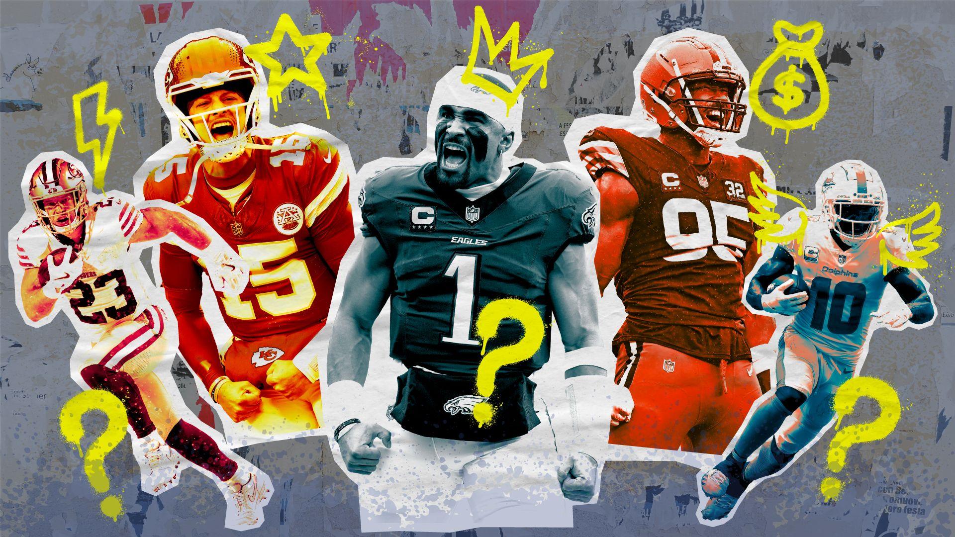 Ilustração com cinco jogadores da NFL e pontos de interrogação sobre a escolha de um time.